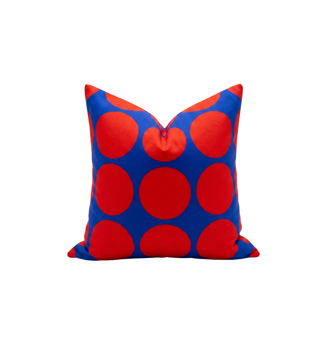 Cobalt Blue and Red Polka Dot Pillow